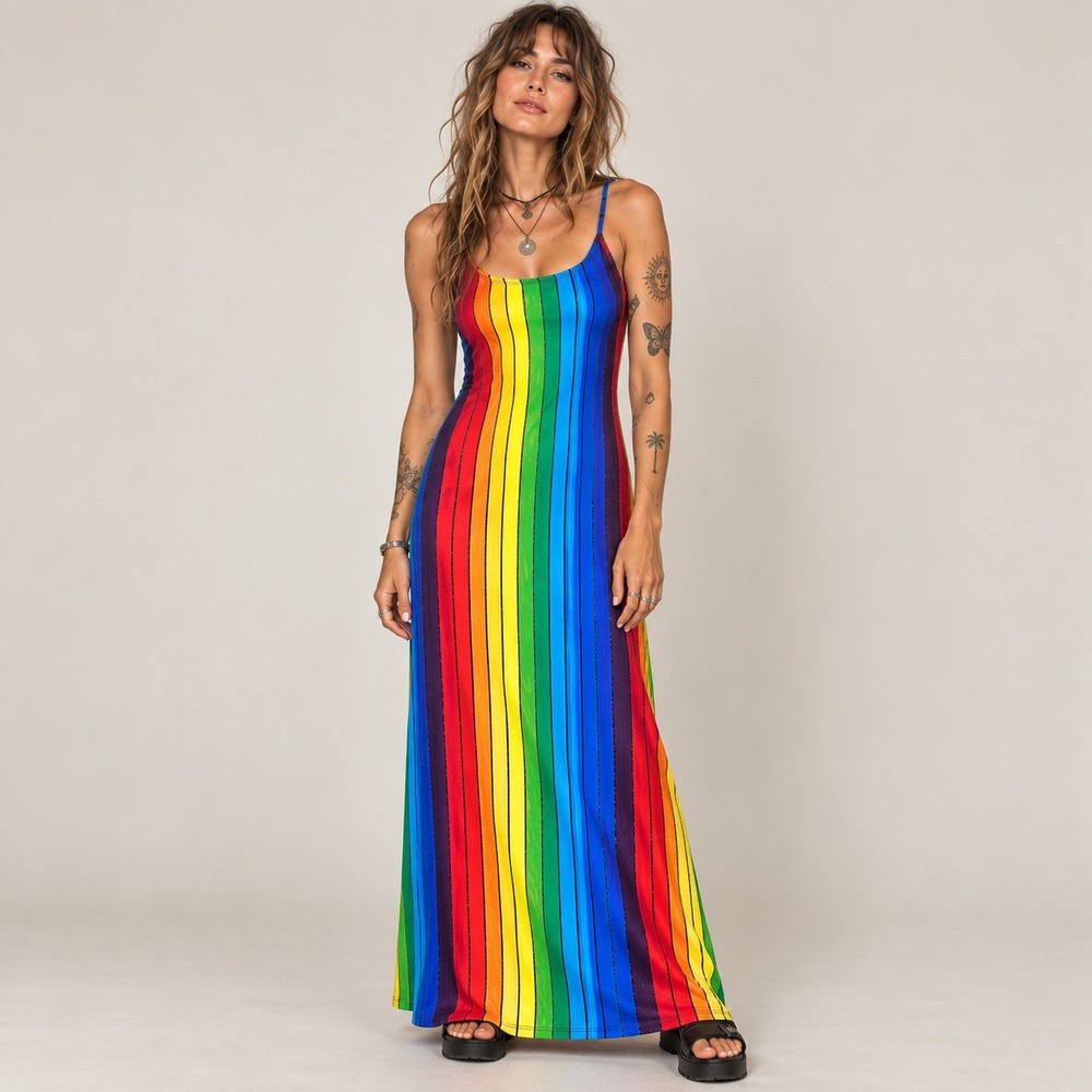 Rouge Collection Rainbow Stripe Maxi Dress Cami Festival Dopamine Rainbowcore